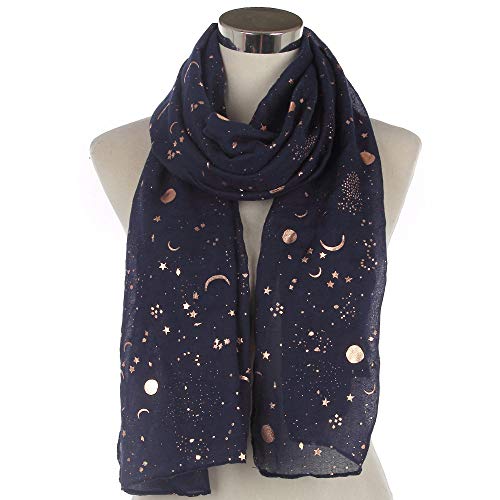 Bufanda Mujer,Bufanda Azul Marino con Estampado De Estrella Y Luna Bronceadora, Bufandas para Damas, Regalos para Mujeres, Chal para Fiesta De Graduación, Boda, 180 * 70 Cm