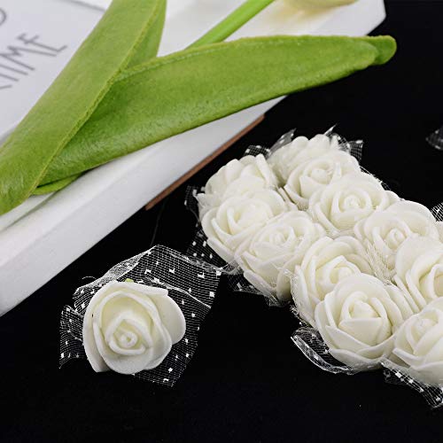 BUONDAC 144pcs Mini Rosas Flores Ramos de Rosas Artificiales en Espuma para Manualidades Decoración de Boda Fiesta Hogar Navidad Blanco Marfil