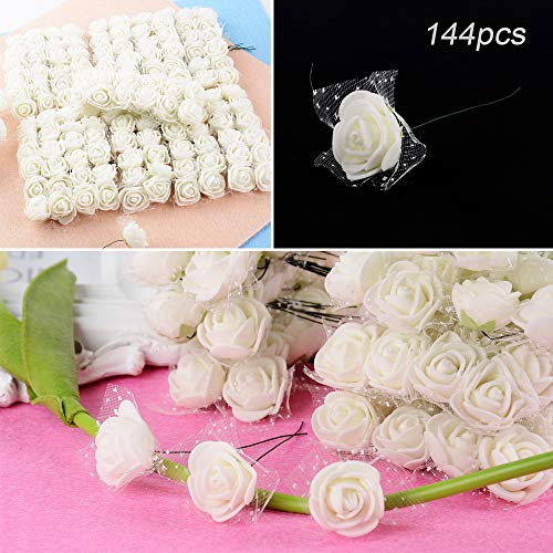 BUONDAC 144pcs Mini Rosas Flores Ramos de Rosas Artificiales en Espuma para Manualidades Decoración de Boda Fiesta Hogar Navidad Blanco Marfil