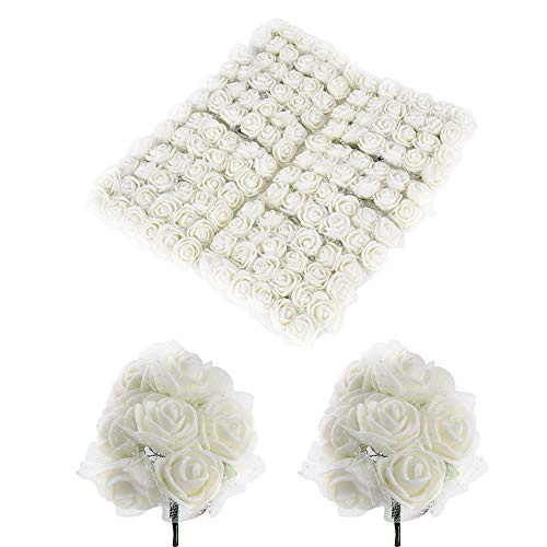 BUONDAC 144pcs Mini Rosas Flores Ramos de Rosas Artificiales en Espuma para Manualidades Decoración de Boda Fiesta Hogar Navidad Blanco Marfil