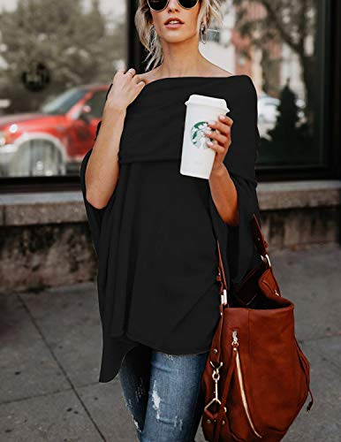 BUOYDM Mujer Camiseta Largos de Mangas Largas de Murciélago Irregular Casual Pullover Camisa Sueltas Tops Negro M