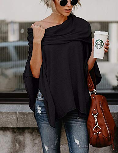 BUOYDM Mujer Camiseta Largos de Mangas Largas de Murciélago Irregular Casual Pullover Camisa Sueltas Tops Negro M