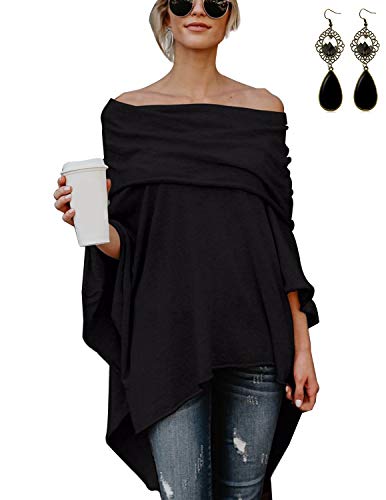 BUOYDM Mujer Camiseta Largos de Mangas Largas de Murciélago Irregular Casual Pullover Camisa Sueltas Tops Negro M