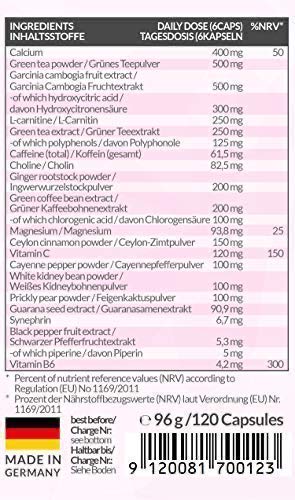 BURN Complejo de metabolismo desarrollado para mujeres, altas dosis, 19 ingredientes BASADOS EN ESTUDIOS, producto certificado de la marca BODY'S PERFECT, 120 cápsulas
