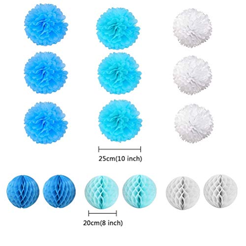 BUYGOO 9 Piezas Pompones de Papel decoración + 6 Piezas Bola de Nido + 6 Piezas Abanicos de Papel Plegables Flores Decoracion Cumpleaños/Boda/Nacimiento/Navidad (Azul Zarco y Blancas)