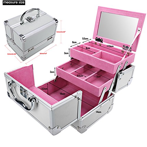 Buyi-World Cosmetic Case Beauty Case Organizador de maquillaje Organizador Cosméticos Beauty Multiuso Cajón con espejo Equipaje de mano para Meke Up 20 × 15.5 × 15.5cm (Plata-Rosa)