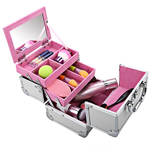 Buyi-World Cosmetic Case Beauty Case Organizador de maquillaje Organizador Cosméticos Beauty Multiuso Cajón con espejo Equipaje de mano para Meke Up 20 × 15.5 × 15.5cm (Plata-Rosa)