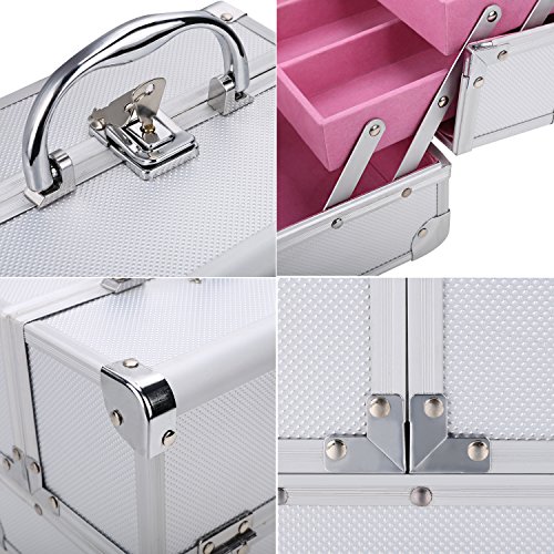 Buyi-World Cosmetic Case Beauty Case Organizador de maquillaje Organizador Cosméticos Beauty Multiuso Cajón con espejo Equipaje de mano para Meke Up 20 × 15.5 × 15.5cm (Plata-Rosa)