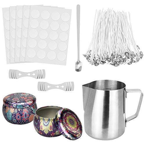 BUZIFU Kit de Fabricación de Velas, 206 unids, Incluye Vaso Medidor, Tarros de Lata de Vela, Mechas para Velas, Pegatinas de Mecha de Vela, Dispositivos Centrales y Cuchara, para Velas Caseras