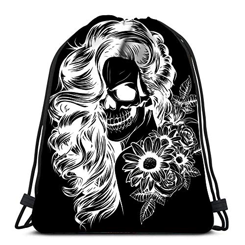 BXBX Mochila con cordón para niña con Esqueleto, boceto de Maquillaje, Santa Muerte, Mujer, Bruja, Retrato, Stock Duradero para Llevar