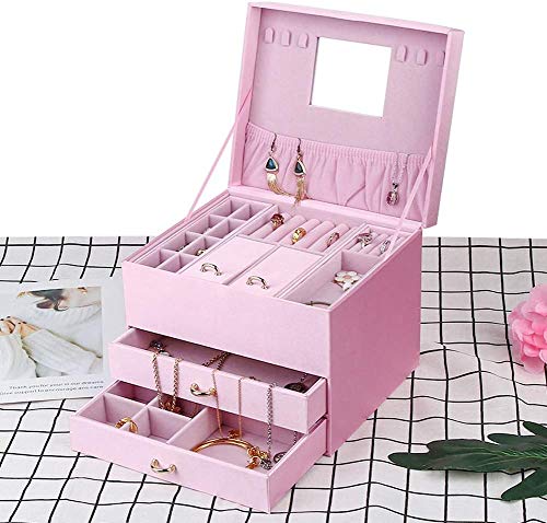 Caja de almacenamiento grande para joyas, con 3 capas con espejo de maquillaje y cajón para regalo de boda para el día de la madre