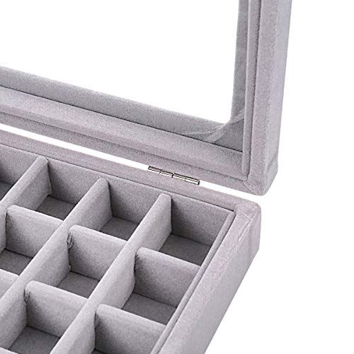 Caja organizadora Ivosmart con 24 secciones de terciopelo y tapa de vidrio para guardar joyas, con exhibidor de anillos o bandeja para aretes., cartón, Gris, 24 Section (Grey)