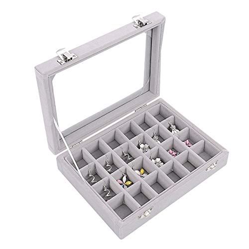 Caja organizadora Ivosmart con 24 secciones de terciopelo y tapa de vidrio para guardar joyas, con exhibidor de anillos o bandeja para aretes., cartón, Gris, 24 Section (Grey)