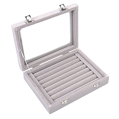 Caja organizadora Ivosmart con 24 secciones de terciopelo y tapa de vidrio para guardar joyas, con exhibidor de anillos o bandeja para aretes., cartón, Gris, 7 Slot (Grey)