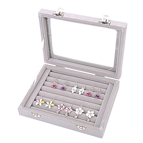 Caja organizadora Ivosmart con 24 secciones de terciopelo y tapa de vidrio para guardar joyas, con exhibidor de anillos o bandeja para aretes., cartón, Gris, 7 Slot (Grey)