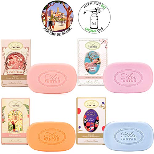 Caja Regalo 4x100g Jabones Solidos Manteca de Karite, Aceite de Almandra Organicos y Aceite de Argan Orgánica/ 4 Perfumes/Fabricado en Francia/Jabones Naturales/Regalo Mama/Regalo Mujer Original