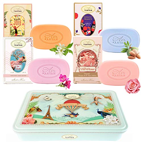 Caja Regalo 4x100g Jabones Solidos Manteca de Karite, Aceite de Almandra Organicos y Aceite de Argan Orgánica/ 4 Perfumes/Fabricado en Francia/Jabones Naturales/Regalo Mama/Regalo Mujer Original