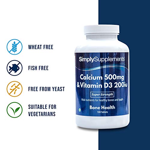 Calcio 500mg y Vitamina D3 200iu - ¡Bote para 1 año! - Apto para vegetarianos - 360 Comprimidos - SimplySupplements