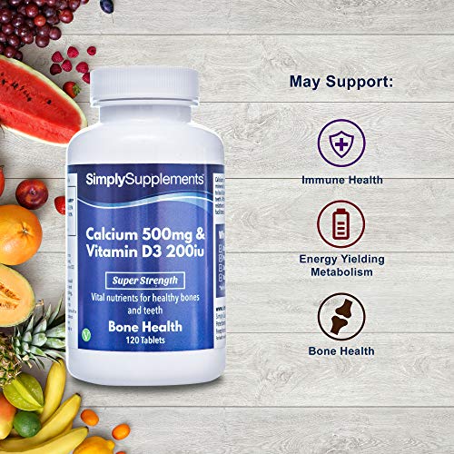 Calcio 500mg y Vitamina D3 200iu - ¡Bote para 4 meses! - Apto para vegetarianos - 120 Comprimidos - SimplySupplements