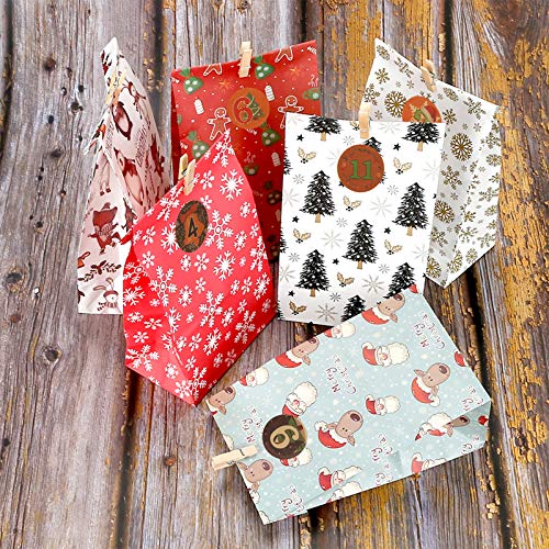 Calendario De Adviento, Bolsa De Regalo Navidad, 24Pcs Calendario De Adviento DIY Calendario Adviento para Navidad para Rellenar, Bolsas Calendario Adviento con 24 Pegatinas De Adviento,para Navideña
