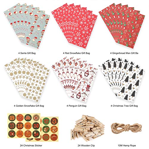 Calendario De Adviento, Bolsa De Regalo Navidad, 24Pcs Calendario De Adviento DIY Calendario Adviento para Navidad para Rellenar, Bolsas Calendario Adviento con 24 Pegatinas De Adviento,para Navideña
