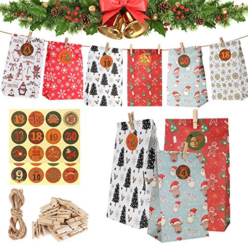 Calendario De Adviento, Bolsa De Regalo Navidad, 24Pcs Calendario De Adviento DIY Calendario Adviento para Navidad para Rellenar, Bolsas Calendario Adviento con 24 Pegatinas De Adviento,para Navideña