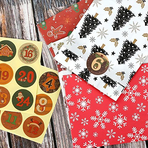 Calendario De Adviento, Bolsa De Regalo Navidad, 24Pcs Calendario De Adviento DIY Calendario Adviento para Navidad para Rellenar, Bolsas Calendario Adviento con 24 Pegatinas De Adviento,para Navideña
