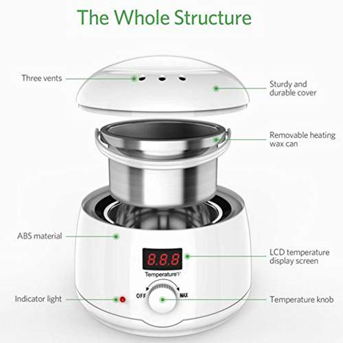 Calentador depilatoio Cera caliente 500ml kit de calentador de cera bote depilatoria Profesional con pantalla LED 4 cera Rosa+10 Espátulas (BLANCO)