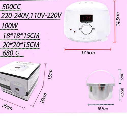 Calentador depilatoio Cera caliente 500ml kit de calentador de cera bote depilatoria Profesional con pantalla LED 4 cera Rosa+10 Espátulas (BLANCO)
