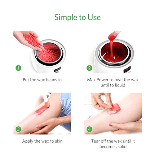 Calentador depilatoio Cera caliente 500ml kit de calentador de cera bote depilatoria Profesional con pantalla LED 4 cera Rosa+10 Espátulas (BLANCO)