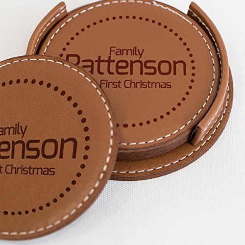 Calentamiento Holiday Gifts – Personalizada piel bebida posavasos conjunto de 4 – Custom láser grabado posavasos de piel con cualquier text-for caliente/bebidas frías, gafas, vino, cerveza, Pub, Bar