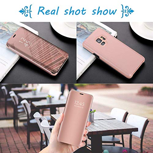 Caler ® Funda Compatible/Reemplazo para Funda iPhone 6 6S Funda, Flip Tapa Libro Carcasa - Modelo Fecha y Espejo Brillante tirón del Duro Case,Espejo Soporte Plegable en Reflectante (Oro Rosa)