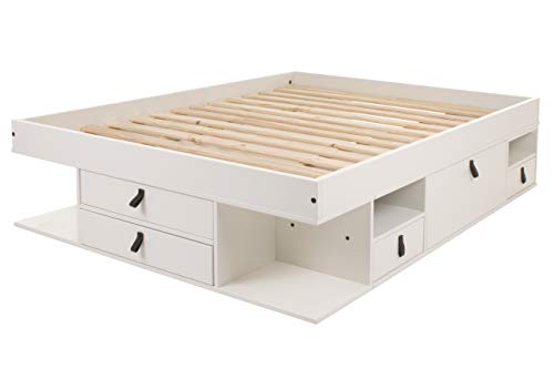 Cama Funcional Bali 140x190 cm Blanco - Estructura con Mucho Espacio de almacenaje y cajones, Ideal para dormitorios pequeños - Madera Maciza de Pino y MDF Lacado - Incl. somier de Madera