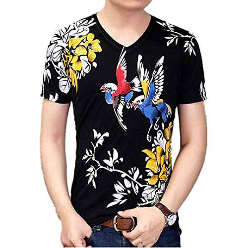 Camisa de compresión para Hombre Corazón de Pollo Camiseta con Cuello en v Camiseta de Manga Corta Elegante Patrón de Ave Acuarela Dibujo Estampado de Media Manga, XL