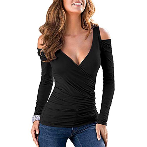 Camisa Sexy de Manga Larga para Mujer Escote en V Profundo Camiseta Delgada y Holgada Top Negro Sudadera con Ajuste Slim y misteriosa Blusa Tops T Shirt riou
