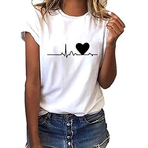 Camiseta de Mujer,Manga Corta Corazón Impresión Blusa Camisa Cuello Redondo Basica Camiseta Suelto Verano Tops Casual Fiesta T-Shirt Original tee vpass