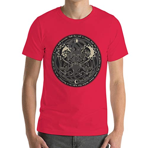 Camiseta para hombre Wikinger Wolf celta árbol de la vida raíces sol Luna impresión cuello redondo camisa de fiesta Red1 M