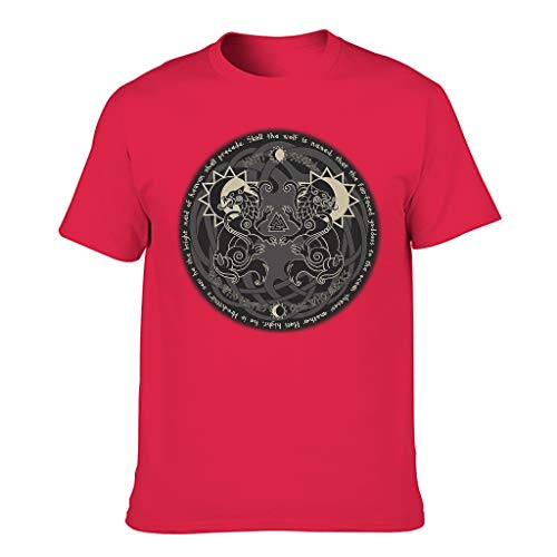 Camiseta para hombre Wikinger Wolf celta árbol de la vida raíces sol Luna impresión cuello redondo camisa de fiesta Red1 M