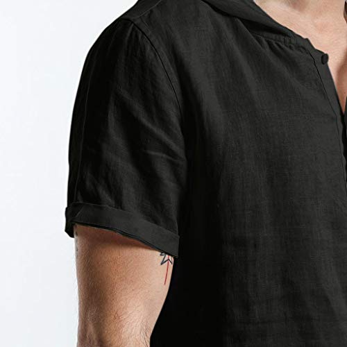 Camisetas con Capucha Rebajas Yvelands Verano de Hombre Baggy Algodón de Lino SOID Color Tops de Manga Corta Camisa de Trabajo(Negro,XXXL)