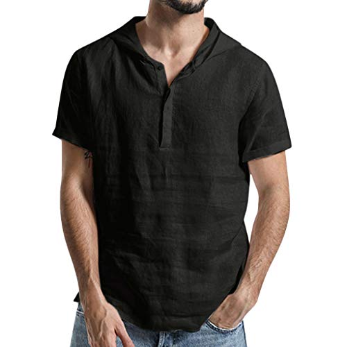 Camisetas con Capucha Rebajas Yvelands Verano de Hombre Baggy Algodón de Lino SOID Color Tops de Manga Corta Camisa de Trabajo(Negro,XXXL)
