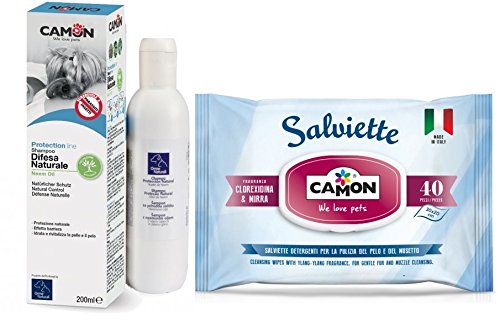 Camon Champú Perros Autodefensa natureale Aceite de Neem & Toallitas Mirra y corexidina para perros