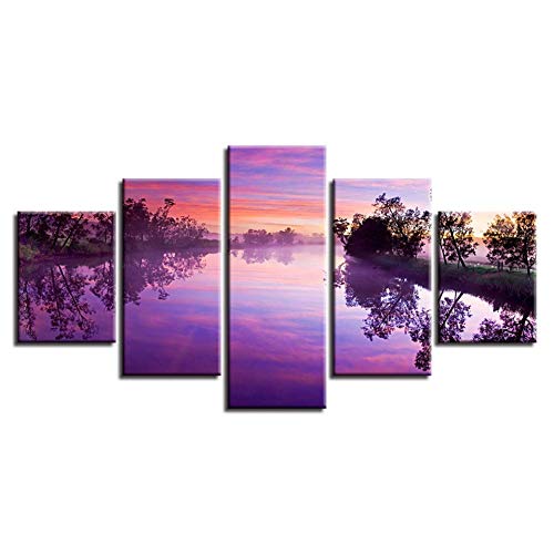 Canvas Paintings Canvas HD Prints Pictures Modular Wall Art Park Tree Poster 5 Pieces Purple Sunset Lake Landscape Paintings Home Decor （ELL917）