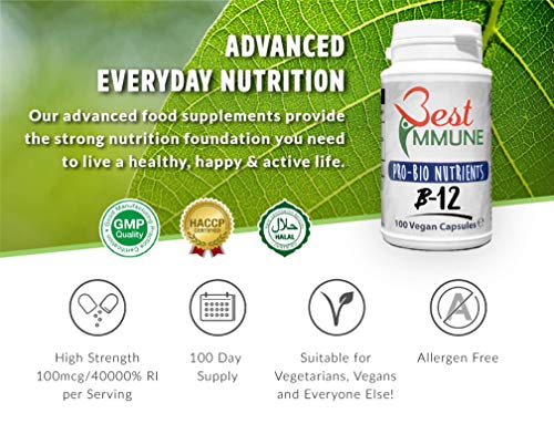 Cápsulas de Vitamina B12 de 1000 mcg fórmula potente, 100% veganas, cápsulas sin maltrato animal