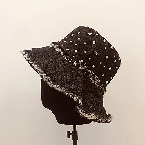capswhh 2019 otoño e Invierno Tendencia Vaquera Europea Estrella Brillante Hebilla de Diamante Top Plano Plegable Crudo Casual Pescador Sombrero Cuenca Gorro de Tela Sombrero @ Black_Un tamaño