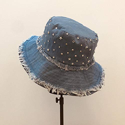 capswhh 2019 otoño e Invierno Tendencia Vaquera Europea Estrella Brillante Hebilla de Diamante Top Plano Plegable Crudo Casual Pescador Sombrero Cuenca Gorro de Tela Sombrero @ Black_Un tamaño
