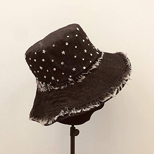 capswhh 2019 otoño e Invierno Tendencia Vaquera Europea Estrella Brillante Hebilla de Diamante Top Plano Plegable Crudo Casual Pescador Sombrero Cuenca Gorro de Tela Sombrero @ Black_Un tamaño