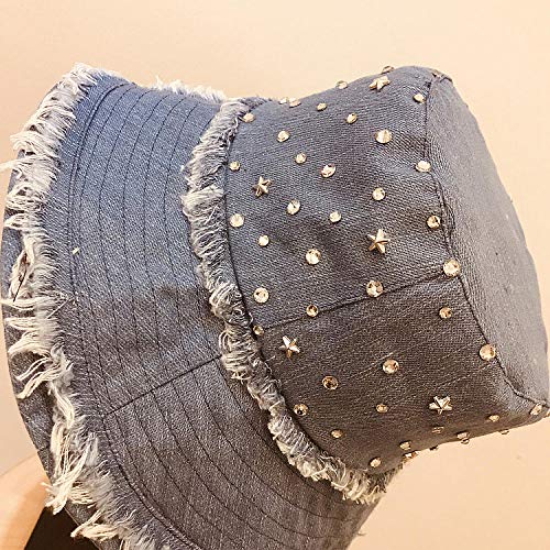 capswhh 2019 otoño e Invierno Tendencia Vaquera Europea Estrella Brillante Hebilla de Diamante Top Plano Plegable Crudo Casual Pescador Sombrero Cuenca Gorro de Tela Sombrero @ Black_Un tamaño