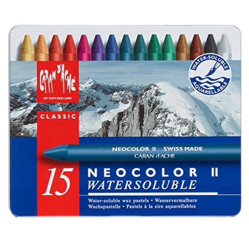 Caran d'Ache Neocolor II - Juego de ceras de color (15 unidades, caja metálica), multicolor