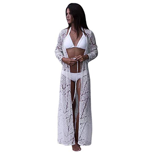 Cardigans Mujer Largo 2019 Nuevo SHOBDW Pareos Casual Cardigans Mujer Transparentes Gasa Encaje Cover Up Bikini Playa de Verano Chal Manga Larga Tops Blusa Vendaje Camisa de Protección Solar(Blanco,M)