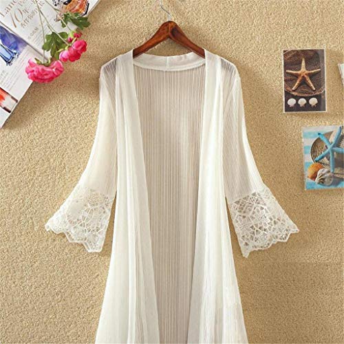 Cardigans Mujer Negro Largo 2019 Nuevo SHOBDW Pareos Casual Color Sólido Manga Larga Encaje Tops Blusa Playa de Verano Kimono Boho Cover Up Mujer Suelto Tallas Grandes XS-XXL(Blanco,XL)